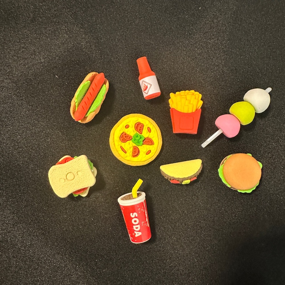 Colorful American‎ Fast Food Junk Food 3D Pull Apart Erasers, Set of 9.